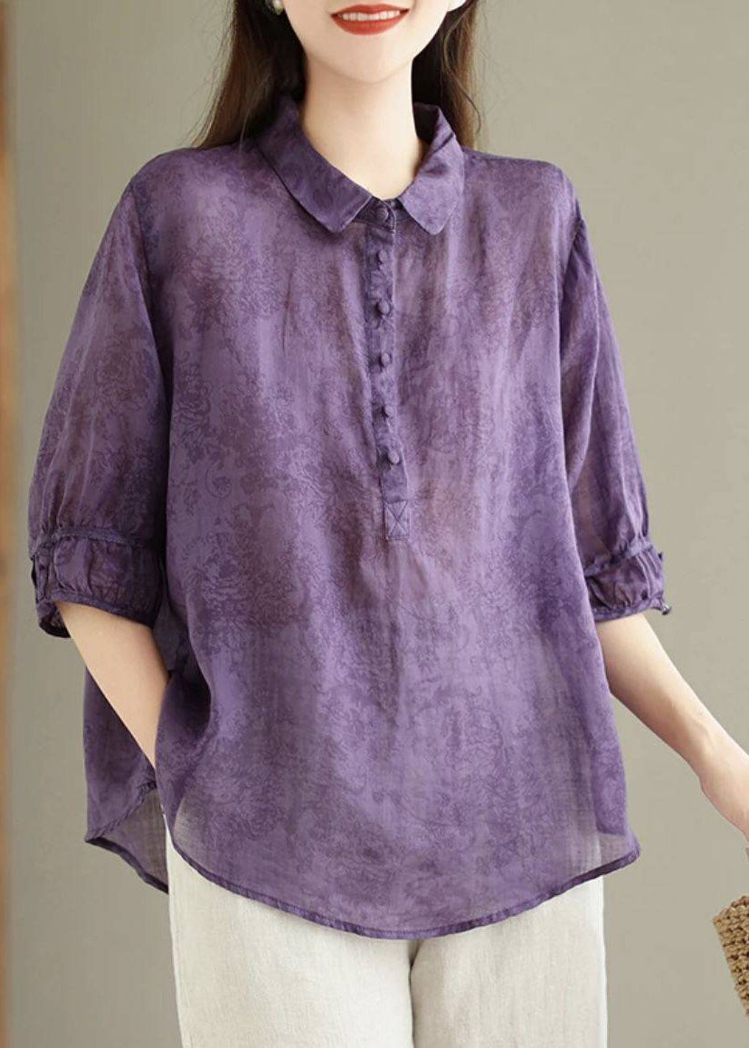 Navy Pan Collar Summer Cotton Vintage Print Peter Shirt Top FashionChic