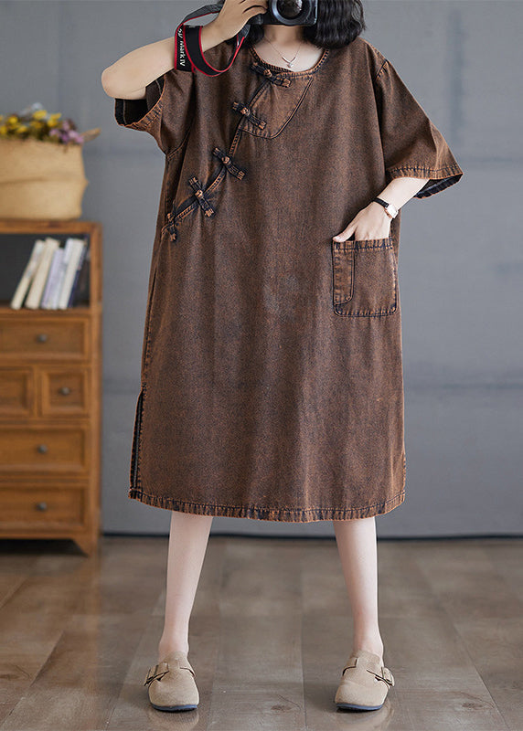 O-Neck Open Short Side Long Button Denim Dresses Vintage Sleeve FashionChic