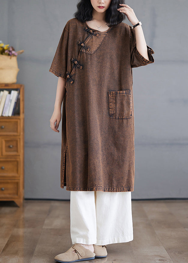 O-Neck Open Short Side Long Button Denim Dresses Vintage Sleeve FashionChic
