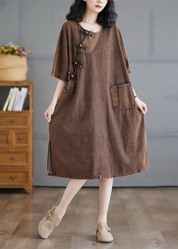O-Neck Open Short Side Long Button Denim Dresses Vintage Sleeve FashionChic