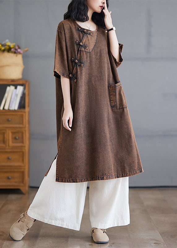 O-Neck Open Short Side Long Button Denim Dresses Vintage Sleeve FashionChic