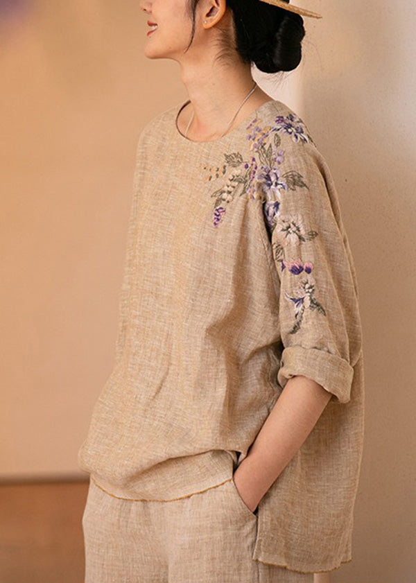 Vintage O-Neck Embroidered Linen Shirt Top Long Sleeve LK008 GK-LTP240710