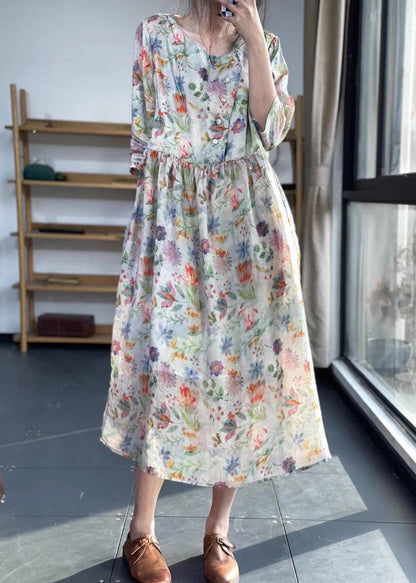 Vintage O Neck Print Patchwork Cotton Dress Bracelet Sleeve LK012 GK-SDL240710