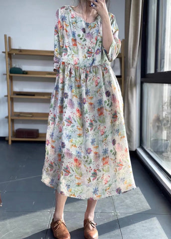 Vintage O Neck Print Patchwork Cotton Dress Bracelet Sleeve LK012 GK-SDL240710