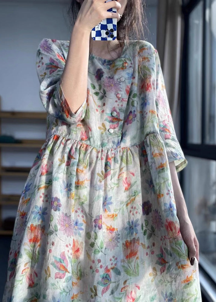 Vintage O Neck Print Patchwork Cotton Dress Bracelet Sleeve LK012 GK-SDL240710