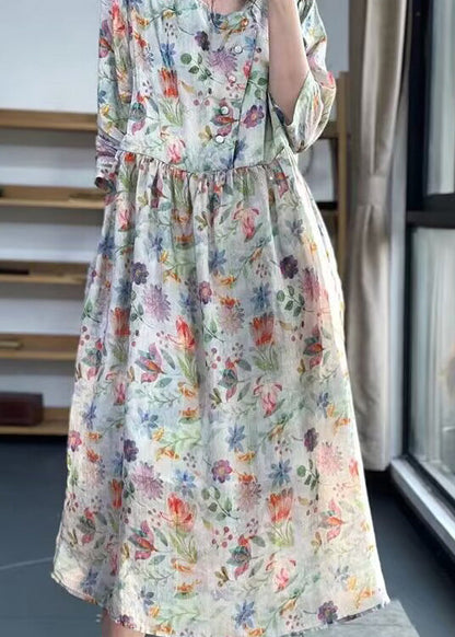 Vintage O Neck Print Patchwork Cotton Dress Bracelet Sleeve LK012 GK-SDL240710