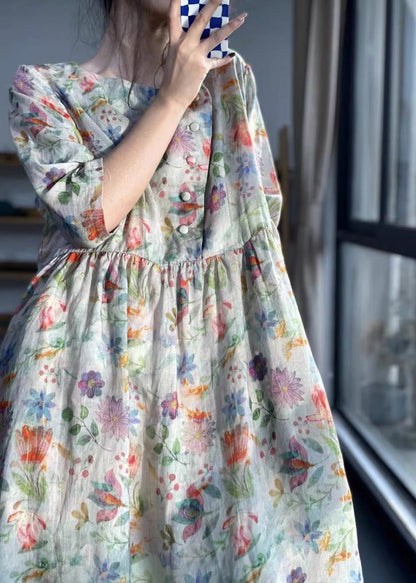 Vintage O Neck Print Patchwork Cotton Dress Bracelet Sleeve LK012 GK-SDL240710