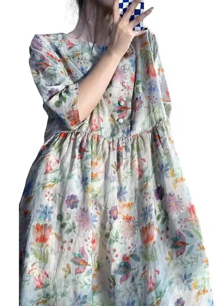 Vintage O Neck Print Patchwork Cotton Dress Bracelet Sleeve LK012 GK-SDL240710