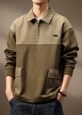 Cotton Spring Zip Green Olive Pockets Mens Vintage Sweatshirt Patchwork Up TC014