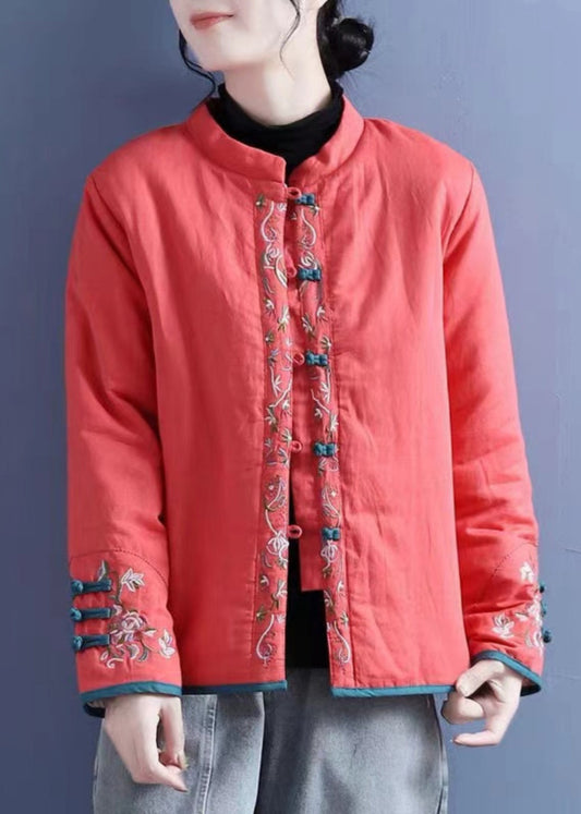 Vintage Orange Embroidered Button Cotton Filled Coats Winter QG038 OM-DJK241016