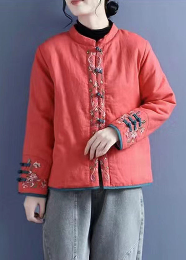 Vintage Orange Embroidered Button Cotton Filled Coats Winter QG038 OM-DJK241016