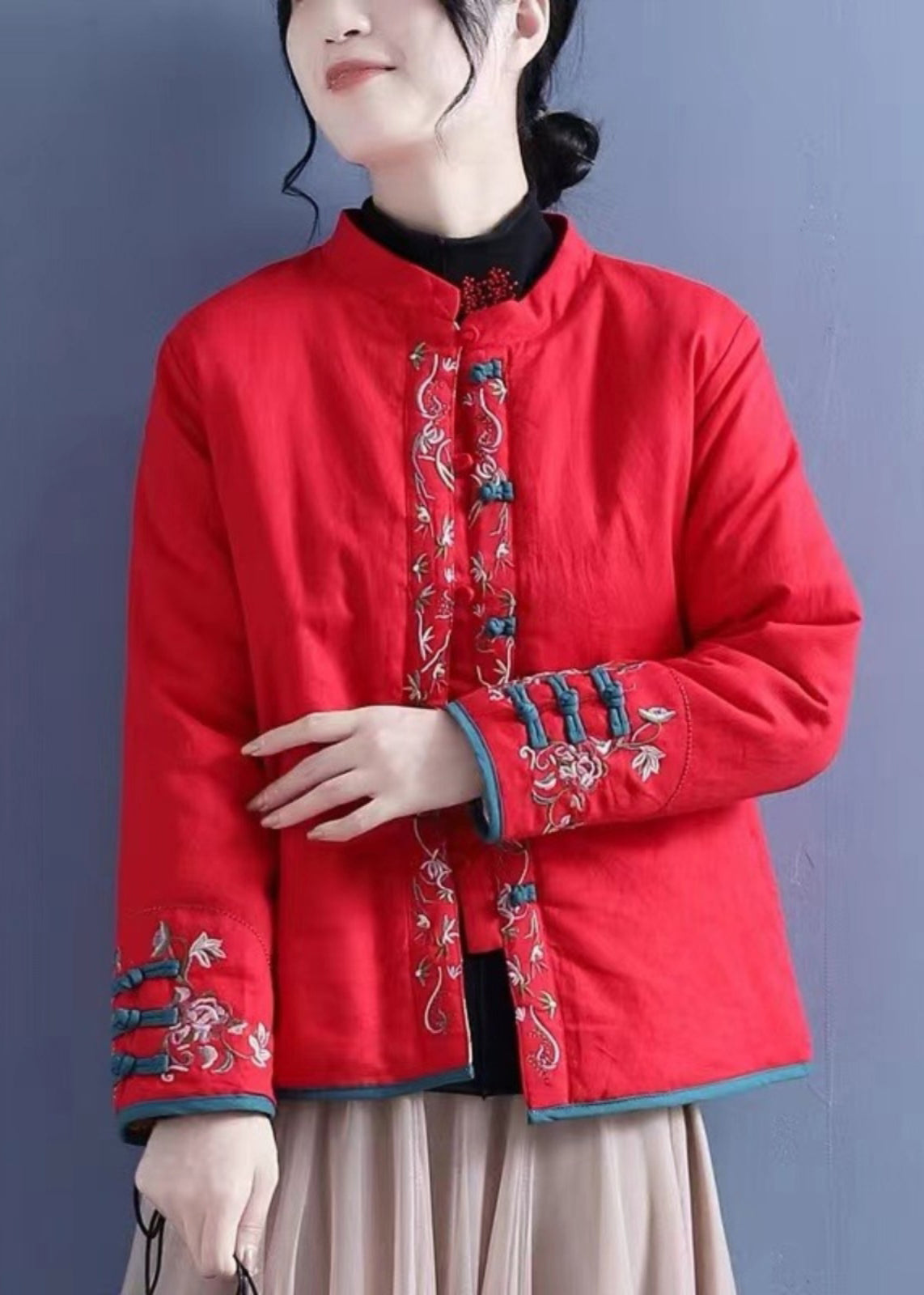 Vintage Orange Embroidered Button Cotton Filled Coats Winter QG038 OM-DJK241016