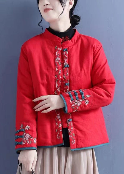 Vintage Orange Embroidered Button Cotton Filled Coats Winter QG038 OM-DJK241016