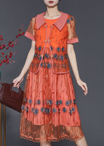 Vintage Orange Embroidered Patchwork Tulle Dresses Two Piece Set Summer SD1061 Ada Fashion
