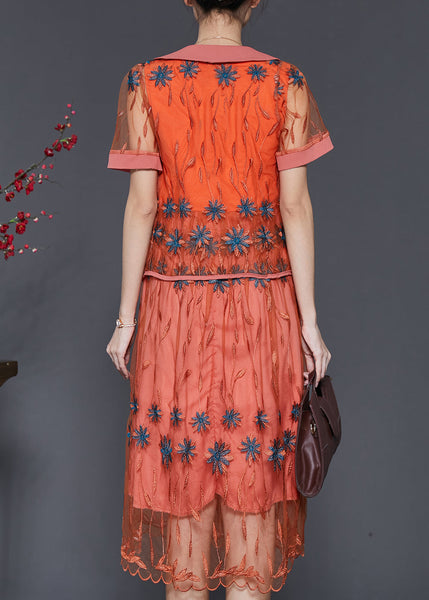 Vintage Orange Embroidered Patchwork Tulle Dresses Two Piece Set Summer SD1061 Ada Fashion