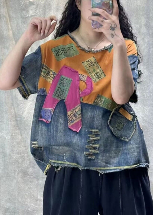 Vintage Orange Print Hole Patchwork T Shirt Denim Summer VV070 HS-STP240627