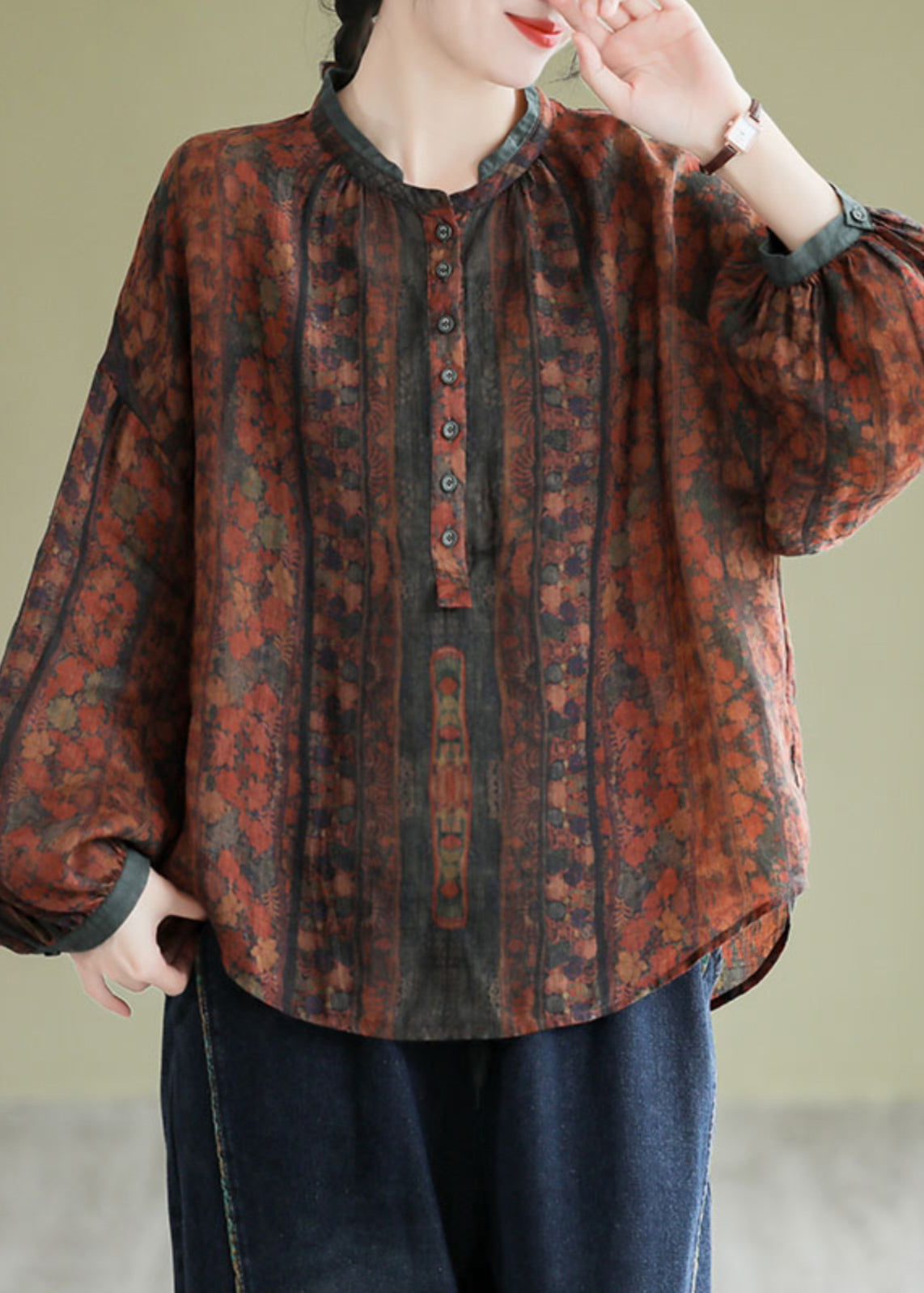 Vintage Orange Stand Collar Print Button Linen Shirts Long Sleeve AP063 GK-LTP240718