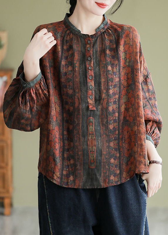 Vintage Orange Stand Collar Print Button Linen Shirts Long Sleeve AP063 GK-LTP240718