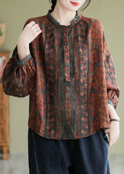 Vintage Orange Stand Collar Print Button Linen Shirts Long Sleeve AP063 GK-LTP240718