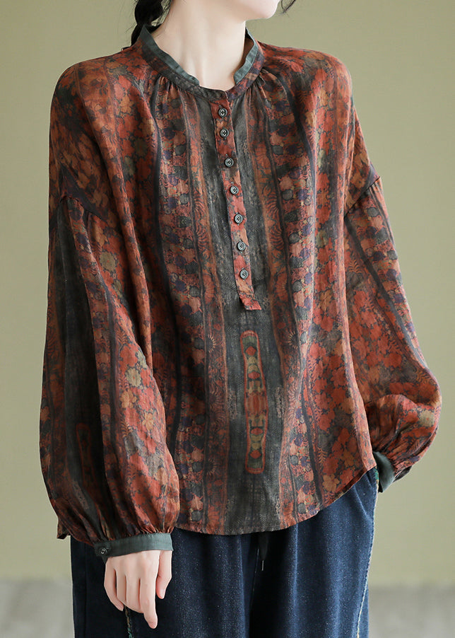 Vintage Orange Stand Collar Print Button Linen Shirts Long Sleeve AP063 GK-LTP240718