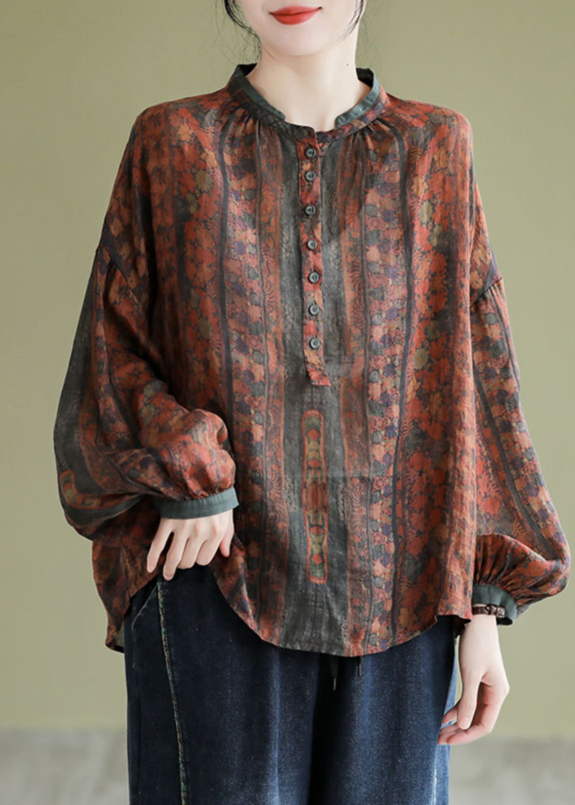 Vintage Orange Stand Collar Print Button Linen Shirts Long Sleeve AP063 GK-LTP240718