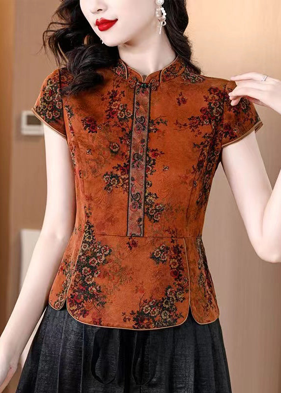 Vintage Orange Stand Collar Print Silk Shirts Summer OP1082 Ada Fashion
