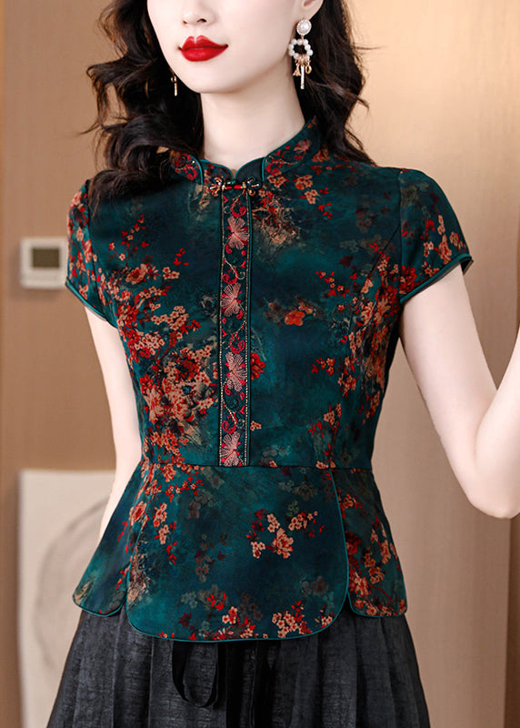 Vintage Orange Stand Collar Print Silk Shirts Summer OP1082 Ada Fashion