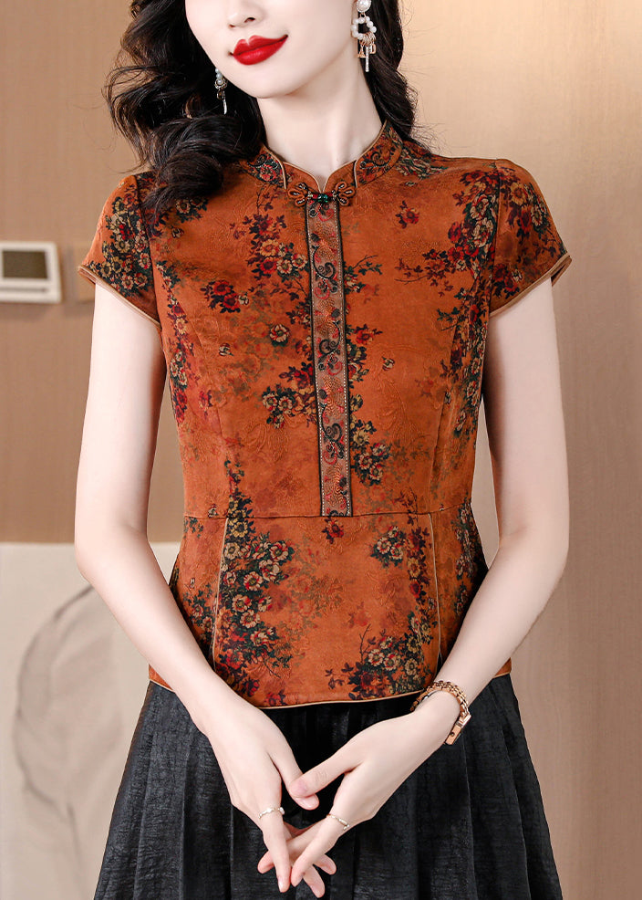 Vintage Orange Stand Collar Print Silk Shirts Summer OP1082 Ada Fashion