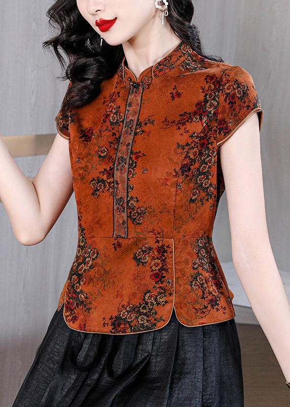 Vintage Orange Stand Collar Print Silk Shirts Summer OP1082 Ada Fashion