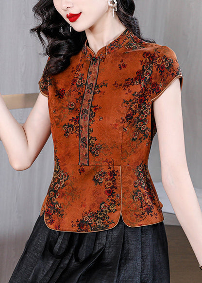 Vintage Orange Stand Collar Print Silk Shirts Summer OP1082 Ada Fashion