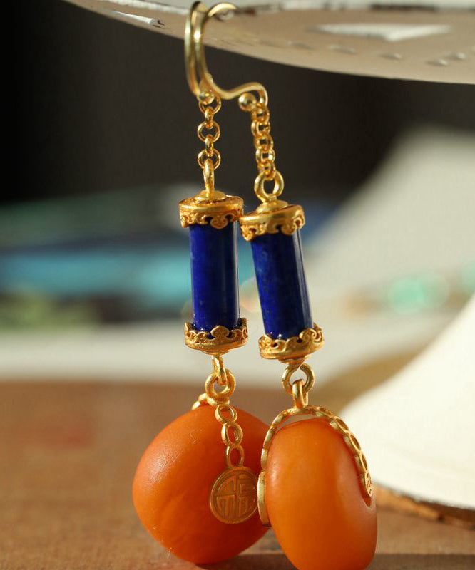 Vintage Orange Sterling Silver Overgild Amber Honey Wax Drop Earrings GH1087 Ada Fashion