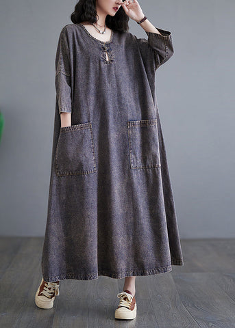 Vintage Patchwork Pockets Holiday Denim Long Dress Bracelet Sleeve GH1054 Ada Fashion