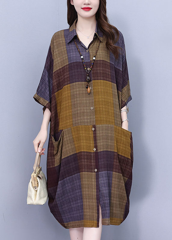 Vintage Peter Pan Collar Plaid Long Shirt Dress Summer BV017 MZF-SDL240702