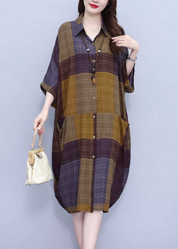 Vintage Peter Pan Collar Plaid Long Shirt Dress Summer BV017 MZF-SDL240702