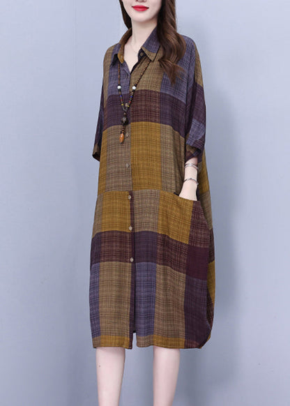 Vintage Peter Pan Collar Plaid Long Shirt Dress Summer BV017 MZF-SDL240702