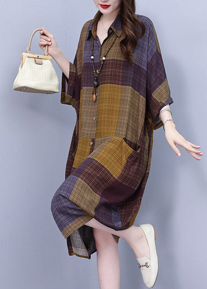 Vintage Peter Pan Collar Plaid Long Shirt Dress Summer BV017 MZF-SDL240702