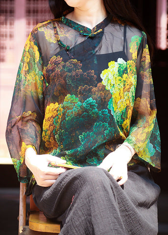 Vintage Photo Color Stand Collar Print Button Tulle Shirt Bracelet Sleeve VB1021 Ada Fashion