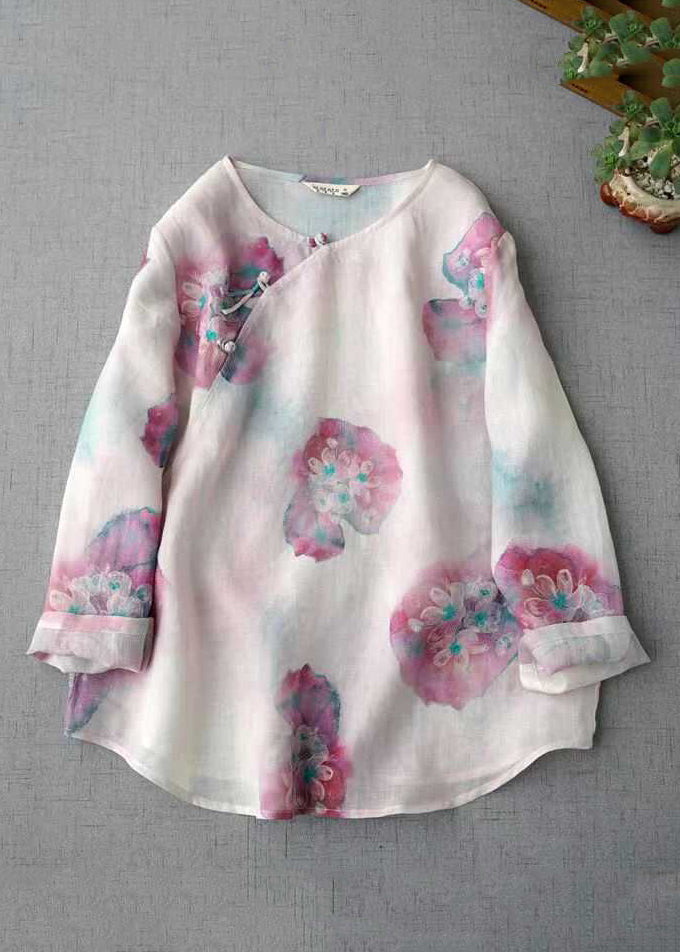 Vintage Pink O Neck Print Chinese Button Linen Blouse Top Fall QK004 BB-LTP241022