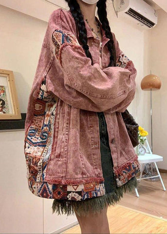 Vintage Pink Spring Pan Collar Denim Patchwork Coat Peter Button FashionChic