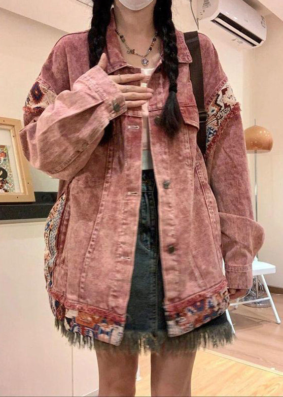 Vintage Pink Spring Pan Collar Denim Patchwork Coat Peter Button FashionChic