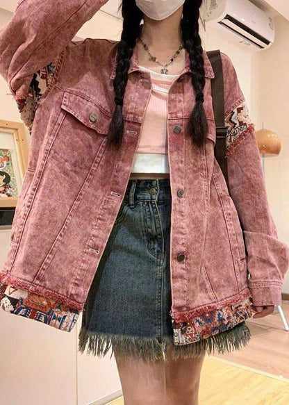 Vintage Pink Spring Pan Collar Denim Patchwork Coat Peter Button FashionChic