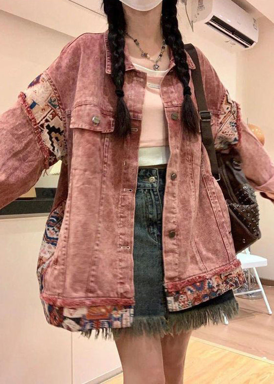 Vintage Pink Spring Pan Collar Denim Patchwork Coat Peter Button FashionChic