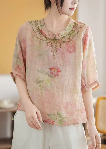 Summer Vintage Linen Chinese Top Pink Style Print FashionChic