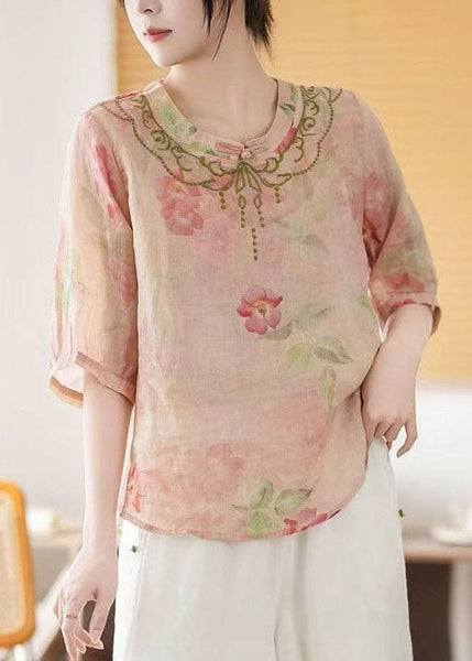 Summer Vintage Linen Chinese Top Pink Style Print FashionChic