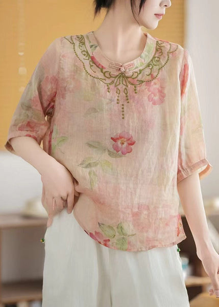 Summer Vintage Linen Chinese Top Pink Style Print FashionChic