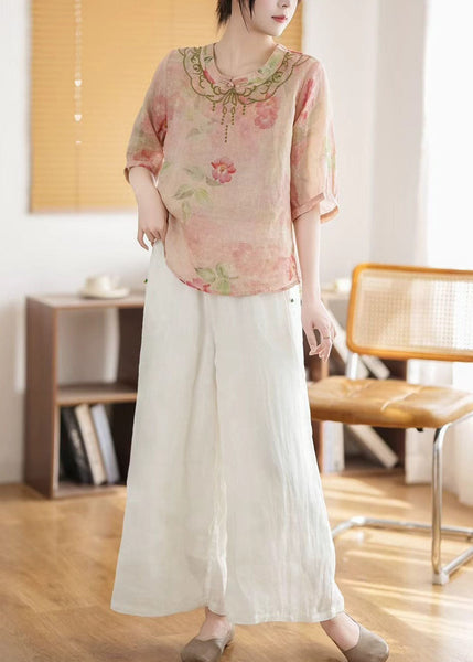 Summer Vintage Linen Chinese Top Pink Style Print FashionChic