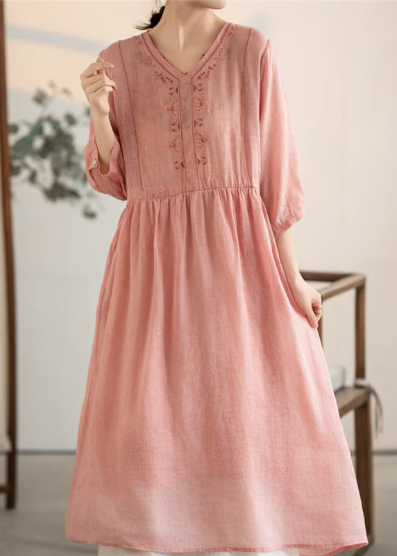 V Patchwork Vintage Pink Summer Dresses Linen Neck FashionChic