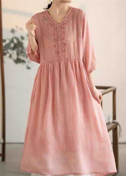 V Patchwork Vintage Pink Summer Dresses Linen Neck FashionChic