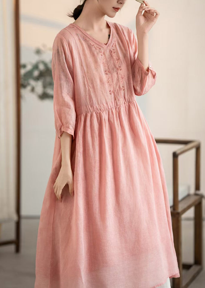 V Patchwork Vintage Pink Summer Dresses Linen Neck FashionChic