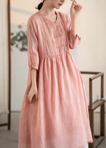 V Patchwork Vintage Pink Summer Dresses Linen Neck FashionChic